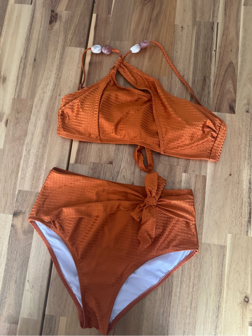 Rust Orange High-Waist Bikini Set with Shell Detail